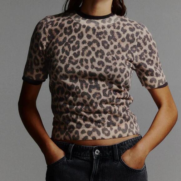 NWT H&M FINE-KNIT T-SHIRT beige leopard print Size XS - Picture 3 of 10